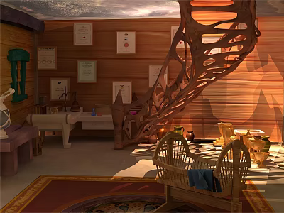 Cartoon Scene With Wooden Walls Framed Pictures Spiral Staircase Baby Crib Clay Pots And Rug 3d model