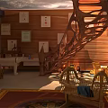 Cartoon Scene With Wooden Walls Framed Pictures Spiral Staircase Baby Crib Clay Pots And Rug