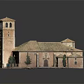 Historic Brick Church Building With Tiled Roof Tower And Small Trees