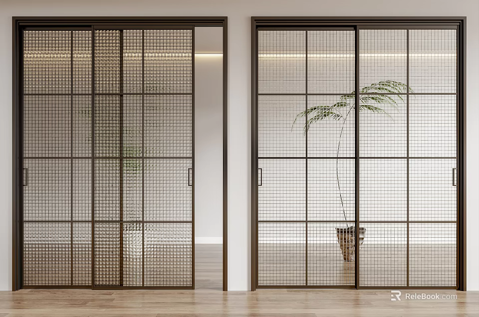 Modern Interior Sliding Doors With Black Grid Frames And Potted Plant Design 3d model 