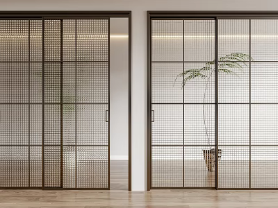 Modern Interior Sliding Doors With Black Grid Frames And Potted Plant Design 3d model