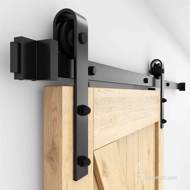 Rustic Wooden Barn Door Featuring Black Metal Sliding Track And Pulley Hardware 3d model 