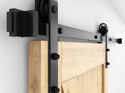 Rustic Wooden Barn Door Featuring Black Metal Sliding Track And Pulley Hardware 3d model