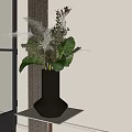 Modern Metallic Vase With Pampas Grass And Green Leaves On White Shelf