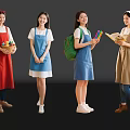 Four Women Wearing Different Colored Aprons Holding Baskets Backpack Colored Pencils And Notebooks