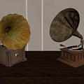 Antique Gramophones With Ornate Horns And Wooden Bases On Dark Table