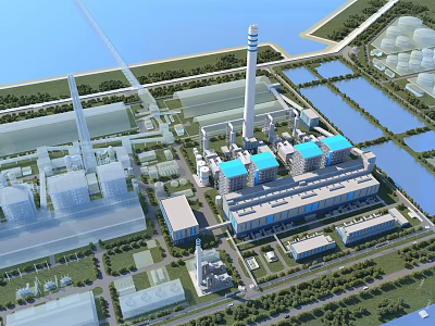 Aerial Planning of Industrial Complex With Factory Layout Chimneys Waterbody And Greenery 3d model