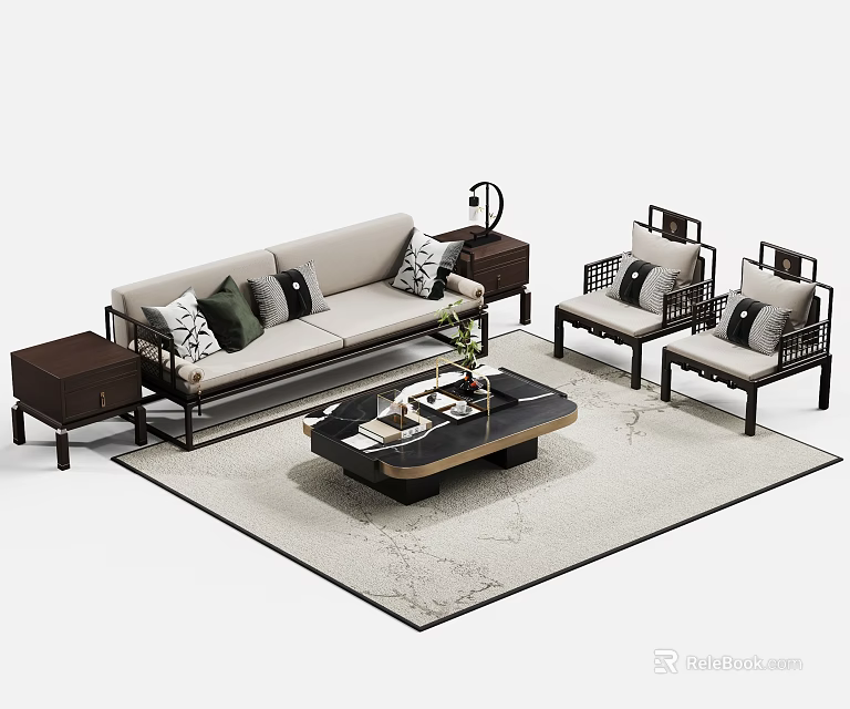 Stylish Sofa and Coffee Table Set with Chairs Throw Pillows and Area Rug 3d model