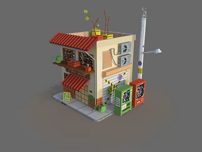 Cartoon Storefront Scene With Red Awning Roof Potted Plants Street Lamp And Vending Machines 3d model