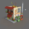 Cartoon Storefront Scene With Red Awning Roof Potted Plants Street Lamp And Vending Machines