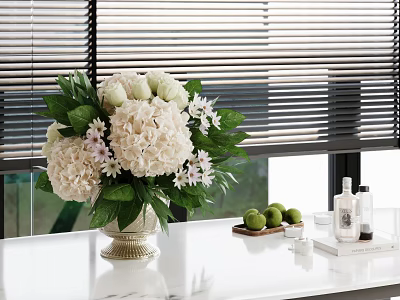 White Hydrangeas and Roses in Elegant Vase on Marble Countertop with Blinds Background 3d model