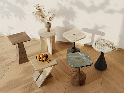 Various Design Side Tables With Wooden Marble Tabletops On Indoor Wooden Floor Setting 3d model