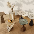 Various Design Side Tables With Wooden Marble Tabletops On Indoor Wooden Floor Setting