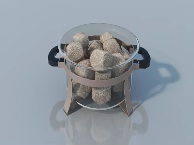 Brown Potatoes in Transparent Glass Container with Black Handles Brown Stand on Light Background 3d model