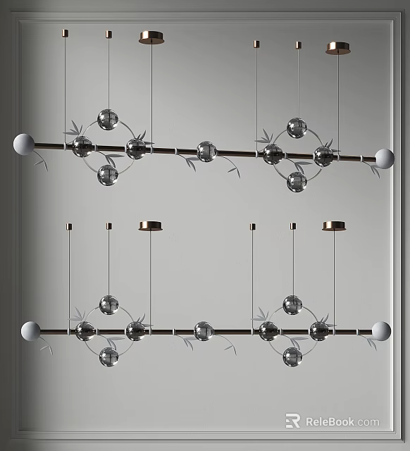Modern Linear Chandelier With Spherical Glass Orbs And Metal Rod Design 3d model 