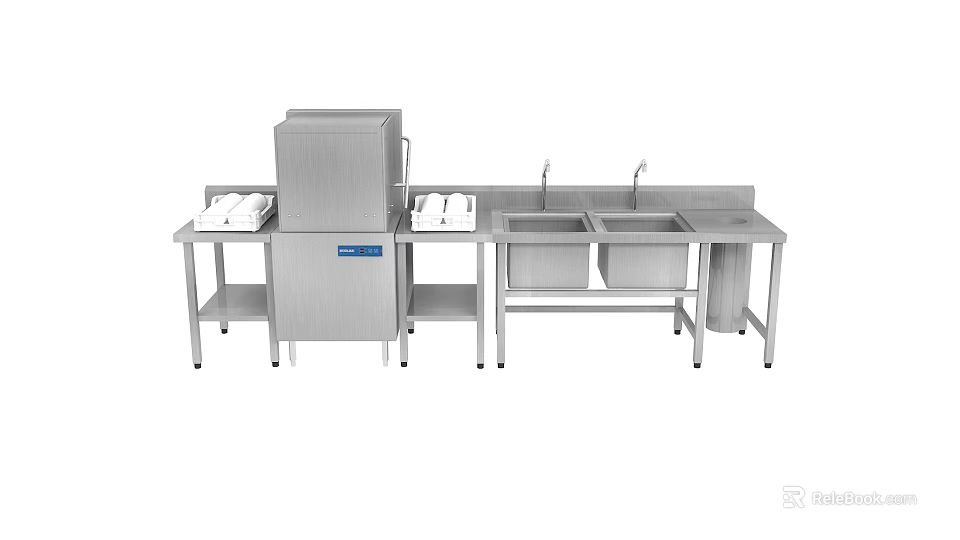 Stainless Steel Commercial Kitchen Appliances Including Dishwasher Sinks And Workstation 3d model 