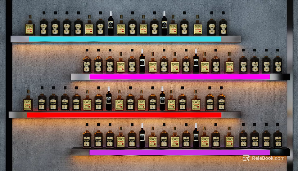 Stylish Wine Cabinet Featuring Multiple Shelves And Colorful LED Lights With Arranged Wine Bottles 3d model 