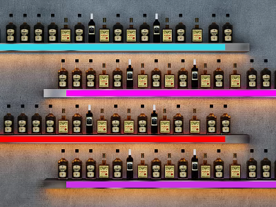 Stylish Wine Cabinet Featuring Multiple Shelves And Colorful LED Lights With Arranged Wine Bottles 3d model