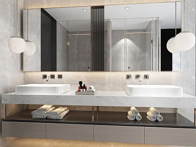Modern Bathroom Vanity Design With Double Washbasins Marble Countertop Large Mirror And Pendant Lights 3d model