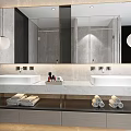 Modern Bathroom Vanity Design With Double Washbasins Marble Countertop Large Mirror And Pendant Lights