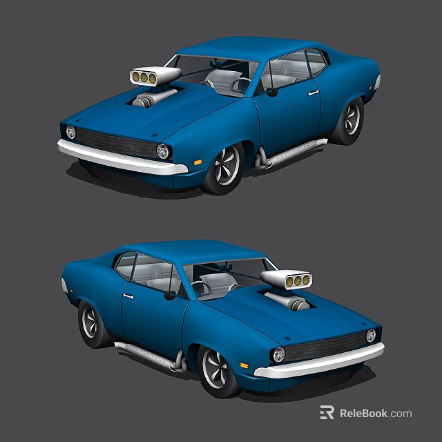 Classic Blue Muscle Car With Dual Headlights Hood Scoop And Exhaust Pipes 3d model 
