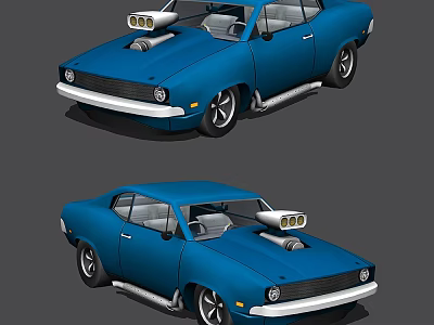 Classic Blue Muscle Car With Dual Headlights Hood Scoop And Exhaust Pipes 3d model