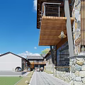 Rural Traditional Guesthouse Architecture with Wooden Balcony Stone Walls and Courtyard Water Wheel