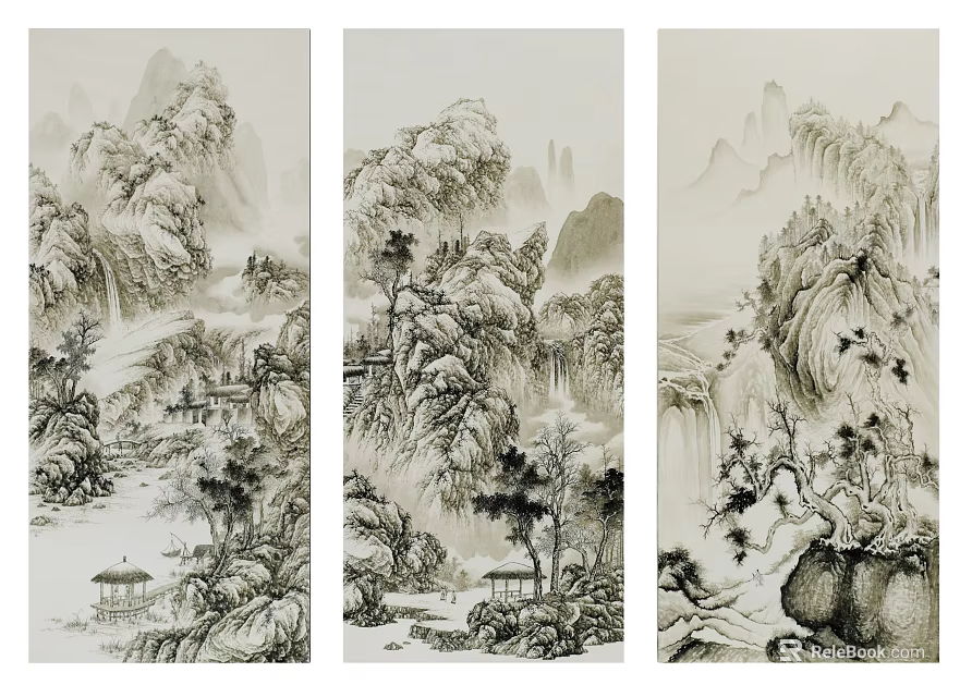 Traditional Chinese Ink Wash Landscape Painting With Mountains Water Trees And Pavilions 3d model 