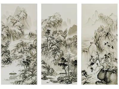 Traditional Chinese Ink Wash Landscape Painting With Mountains Water Trees And Pavilions 3d model