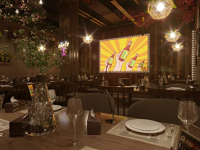 Modern Bar Interior With Dining Tables Wine Glasses Large Screen And Decorative Chandeliers 3d model