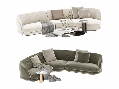 Light and Dark Green Curved Sectional Sofa with Decorative Pillows Throw Blanket and Side Tables 3d model