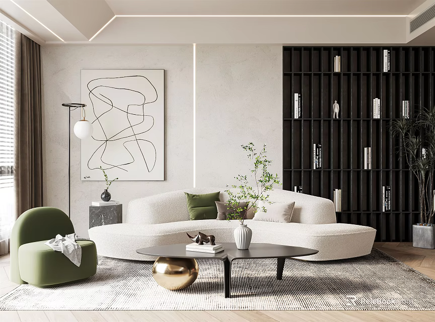 Modern Living Room Interior Featuring White Curved Sofa Green Armchair Black Bookshelf And Abstract Art 3d model 