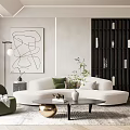 Modern Living Room Interior Featuring White Curved Sofa Green Armchair Black Bookshelf And Abstract Art