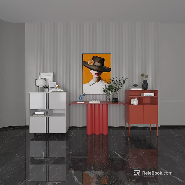 Elegant Console Table in Modern Room with Gray Wall Decorative Painting and Red White Cabinets 3d model 