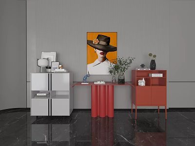 Elegant Console Table in Modern Room with Gray Wall Decorative Painting and Red White Cabinets 3d model