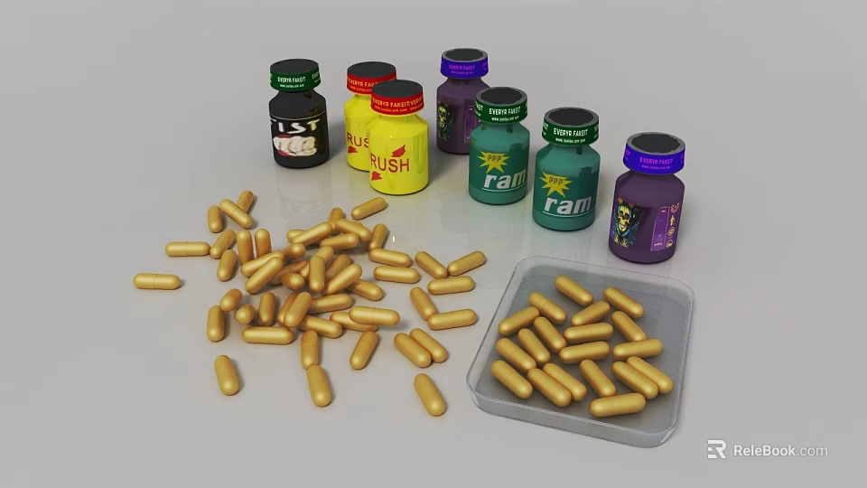 Colorful Supplement Bottles With Labels And Scattered Golden Capsules In Plastic Container 3d model 