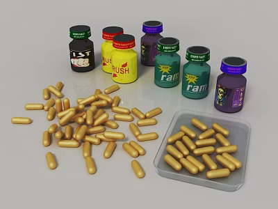 Colorful Supplement Bottles With Labels And Scattered Golden Capsules In Plastic Container 3d model