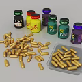 Colorful Supplement Bottles With Labels And Scattered Golden Capsules In Plastic Container