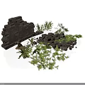 Modern Outdoor Scene With Stone Wall Scattered Bricks And Lush Green Plants