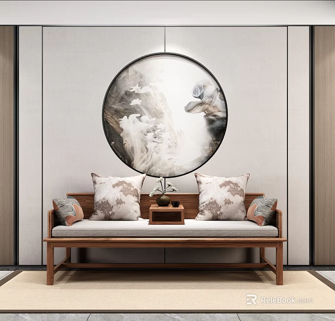 Traditional Chinese Luohan Bed With Decorative Pillows And Round Wall Art 3d model 