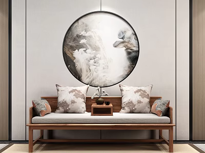 Traditional Chinese Luohan Bed With Decorative Pillows And Round Wall Art 3d model