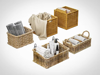 Washing Daily Essentials with Wicker Baskets Towels Toiletries and Folded Cloths 3d model