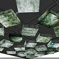 Cube Shaped Lightboxes With Green And White Textured Design Hanging From Black Background Ceiling