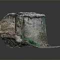 Cartoon Scene of Ancient Castle Ruins with Stone Walls and Green Plants