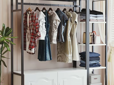 Clothing Rack With Hanging Clothes And Organized Storage 3d model