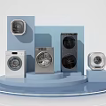 Various Modern Washing Machines With Different Styles Displayed On Blue Platform Stand 3d model