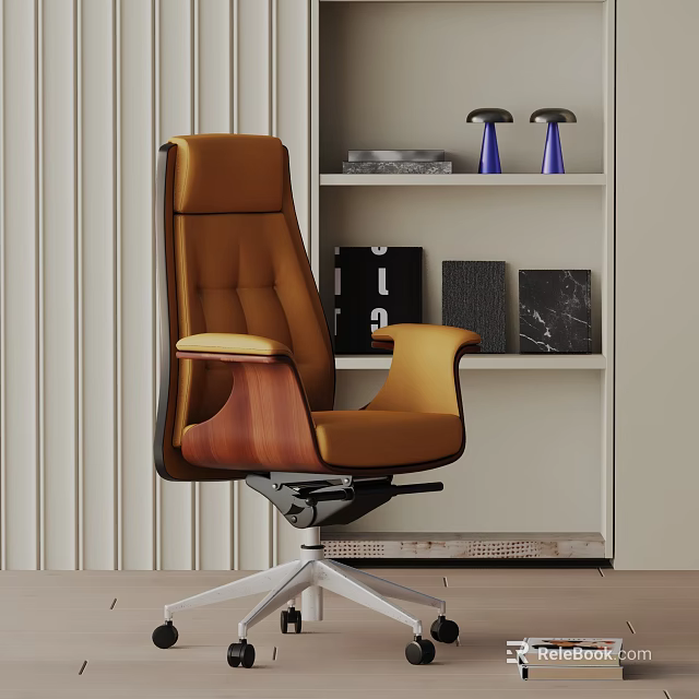 Orange Office Chair With Wooden Armrests Modern Luxury Interior Design And Bookshelf Decor 3d model 