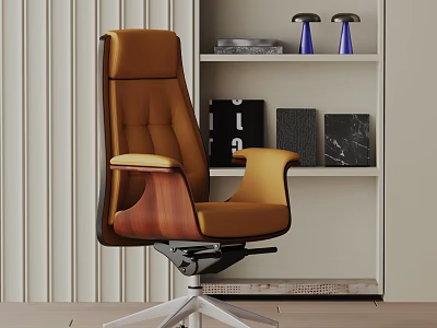 Orange Office Chair With Wooden Armrests Modern Luxury Interior Design And Bookshelf Decor 3d model