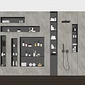 Bathroom Storage Cabinet Shelves with Marble Wall Lighting and Organized Toiletries Towels