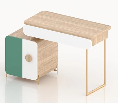 Modern Wooden Desk with Green White Cabinet Round Handle and Gold Metal Legs 3d model